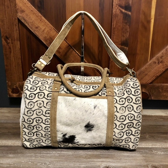 Myra duffel bag travel Leather Fur canvas NWT - Picture 2 of 7